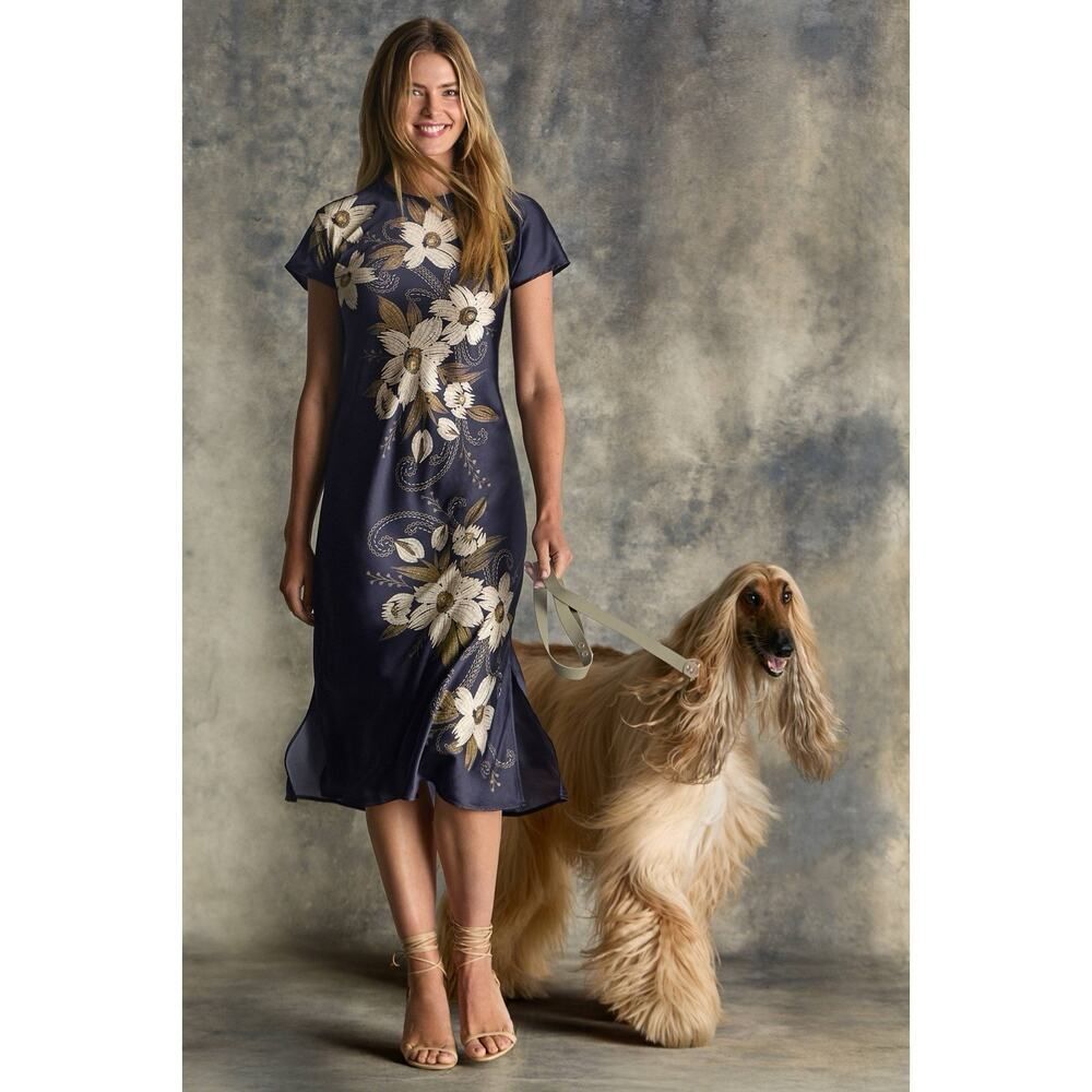 Johnny Was Silk Blend Floral Bias Cut Dolman Midi Slip Dress Navy Blue S